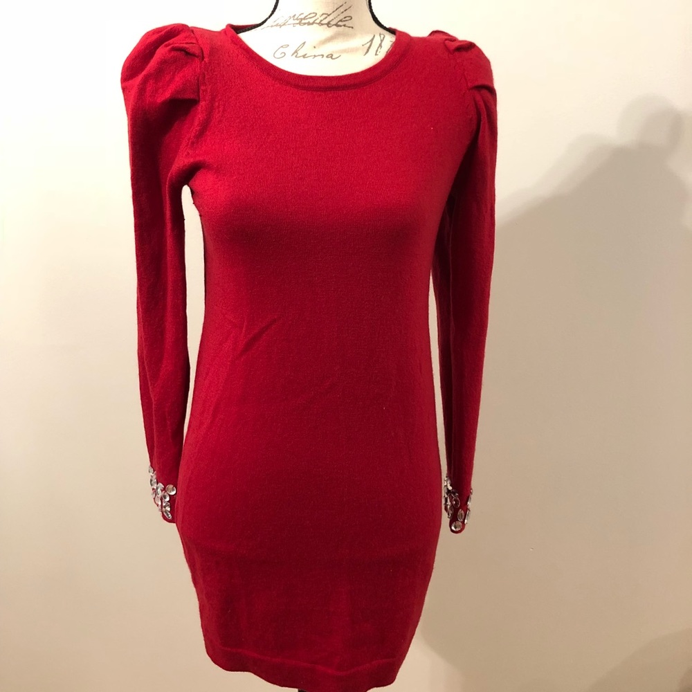 Red sweater dress with rhinestone cuff